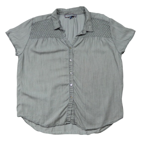 Hester Orchard Tops - Hester & Orchard‎ Gray 100% Tencel Short Sleeve Button Blouse Crochet Yoke Sz XL